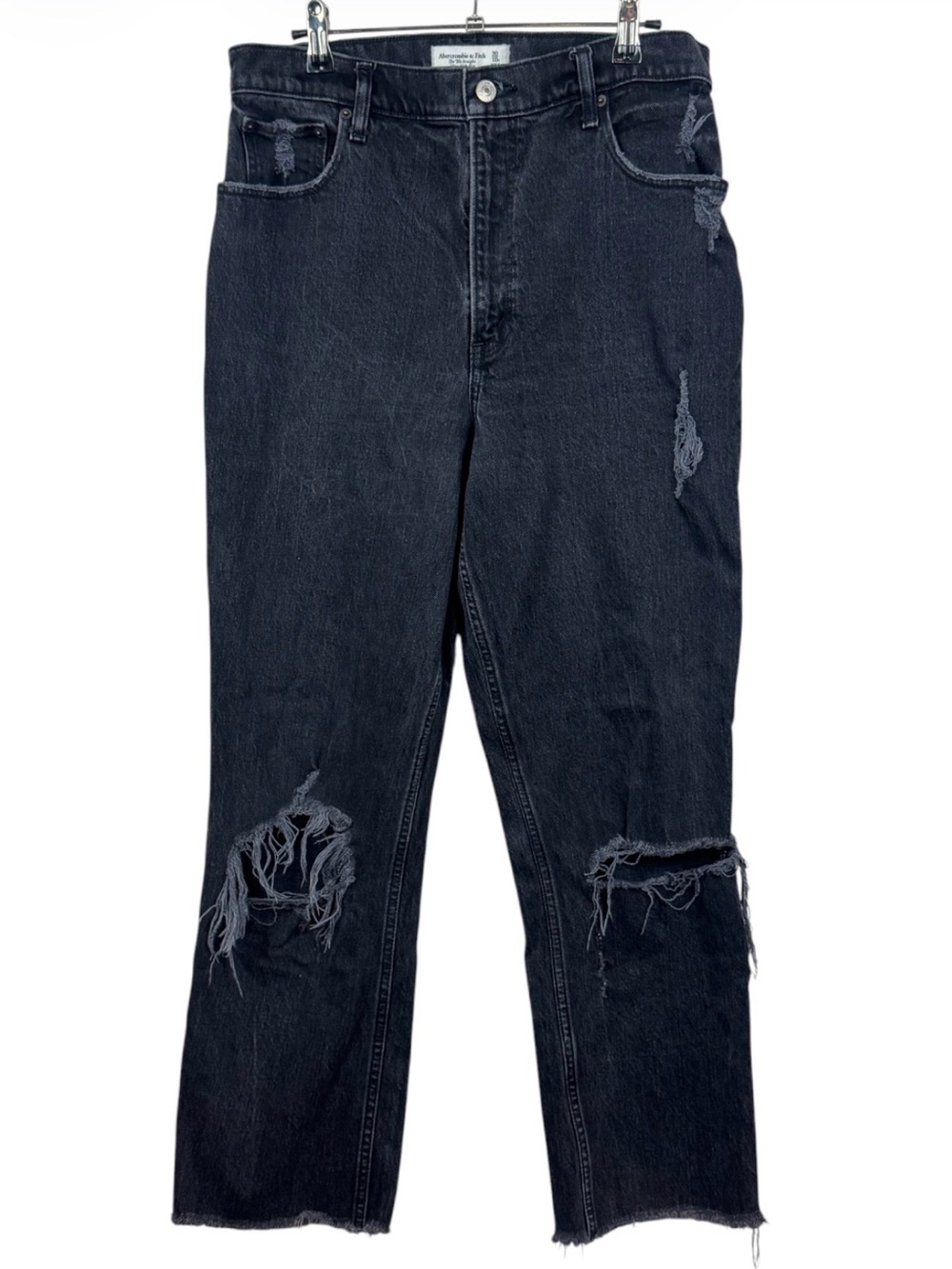 Abercrombie Black Ultra High Rise 90’s Straight Jeans distressed sz 10